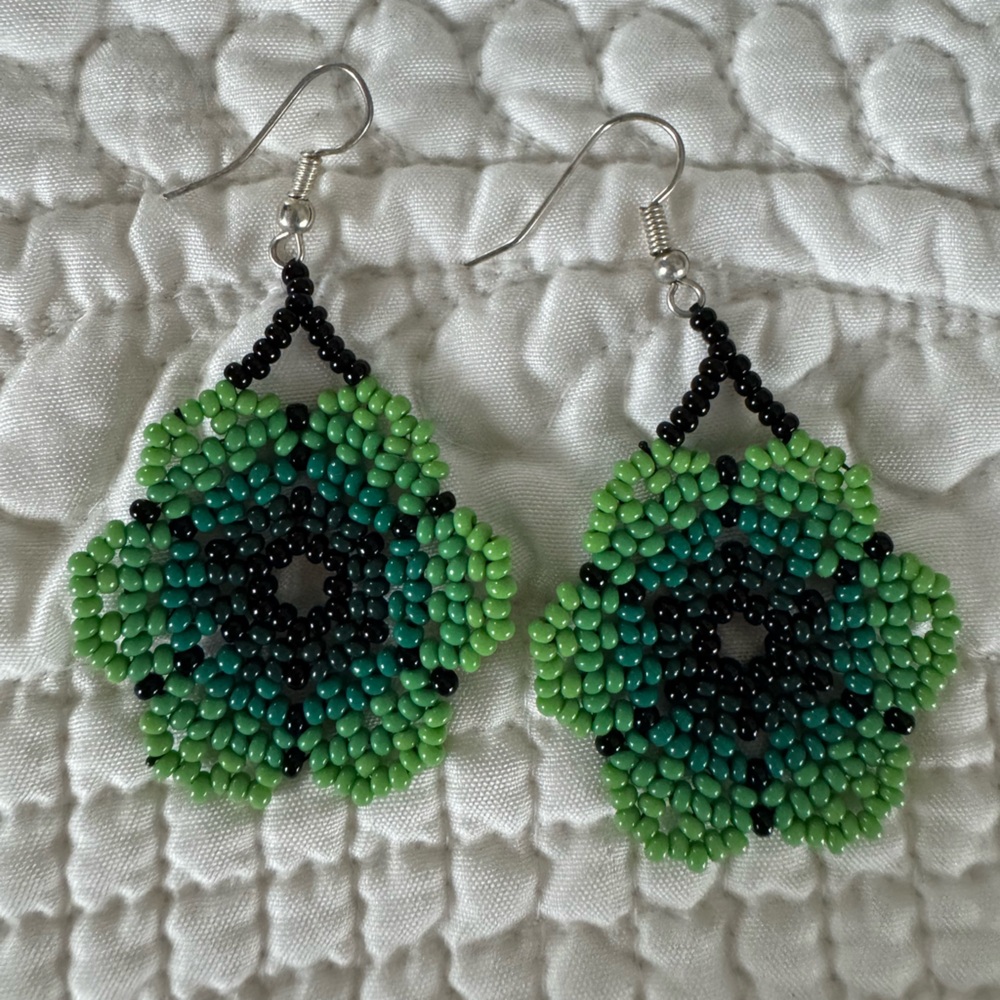 Green and Black Beaded Flower Earrings Made in Ecuador